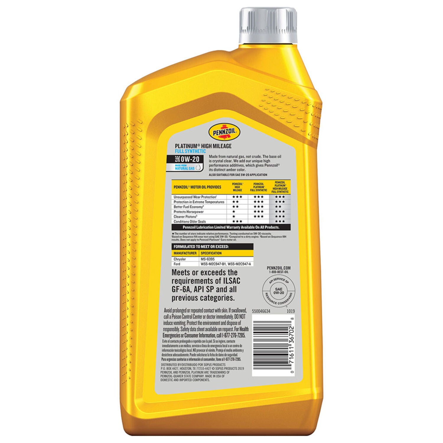 PENNZOIL - PENZ PLAT HIGH MILE 0W20 6/1QT